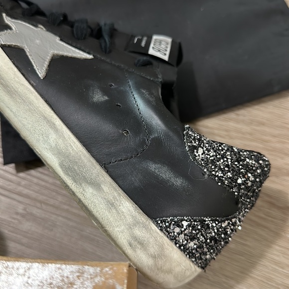 GOLDEN GOOSE SNEAKERS SUPERSTAR BLACK SILVER GLITTER HEEL SIZE 38 - Picture 5 of 13